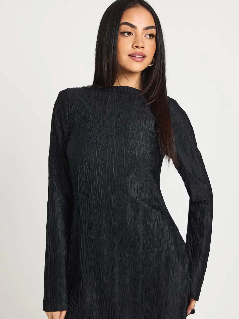 boohoo Dames Getextureerde Wijdvallende Mouw Shift Jurk zwart, foto 3