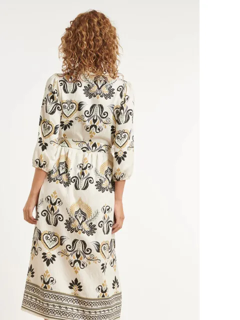 Smashed Lemon Crème midi jurk met ornament print en tailleceintuur, foto 2