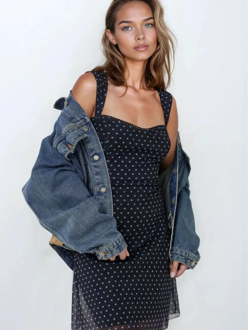Hiccup Polkadot Mouwloze Mini Tule Jurk met Vierkante Halslijn marineblauw, foto 2