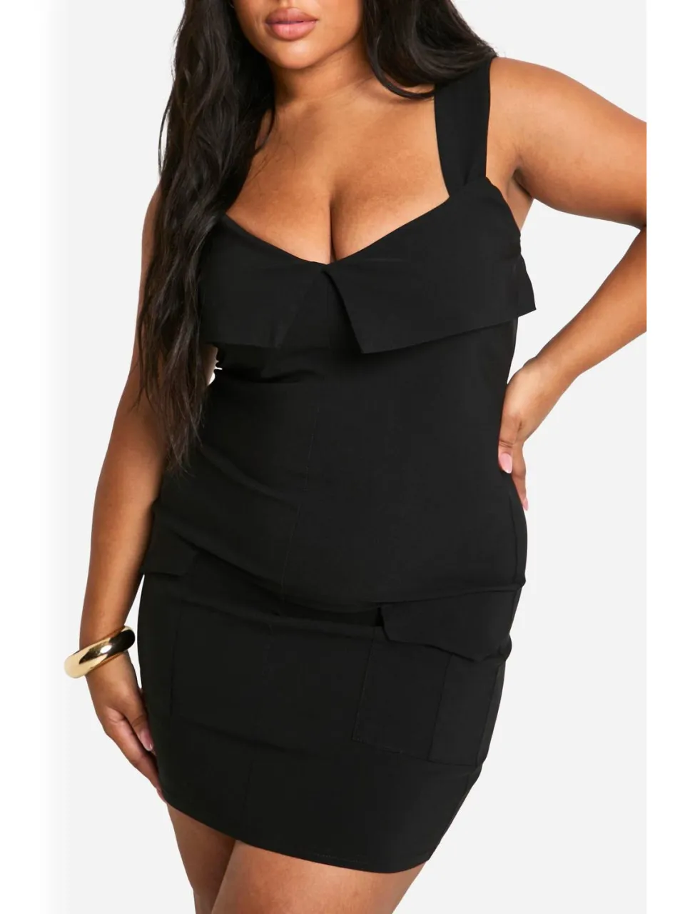 boohoo Dames Plus Bengaline Vouwdetail Utility Bodycon Jurk zwart, foto 3