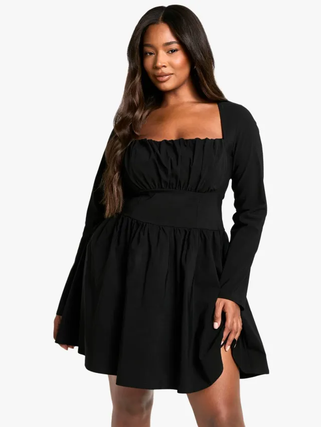 boohoo Dames Plus Bengaline Corset Jurk met Lange Mouwen en Skaterrok Zwart