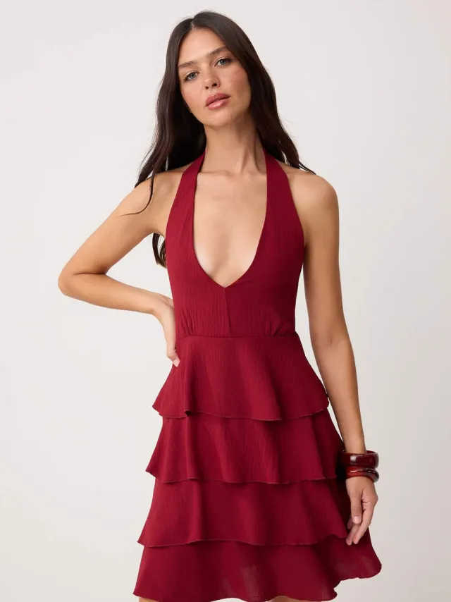 Trendyol TRENDYOLMİLLA Dames Bordeaux Effen Kort / Mini Mouwloos Skater Jurken Bordeauxrood