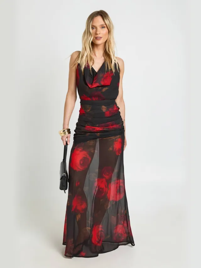 boohoo Dames Petite Chiffon Maxi Jurk Met Bloemenprint, Waterval Halslijn En Gedrapeerde Taille Detail Zwart