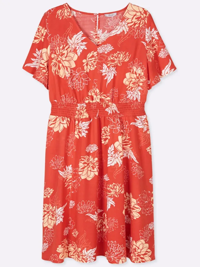 Bloemenjurk terra/vanille bedrukt
