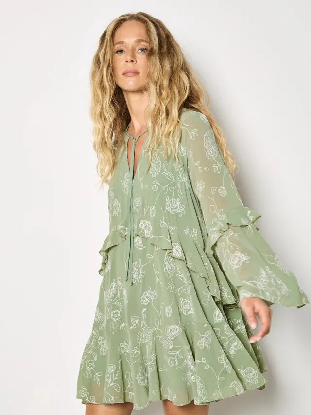 Apricot Chiffon mini-jurk met bloemenborduursel Munt
