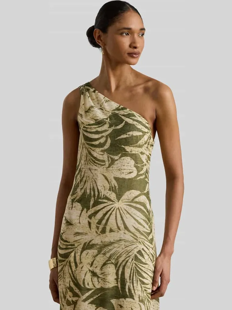 Lauren Ralph Lauren One Shoulder avondjurk met volants olijfgroen, foto 3