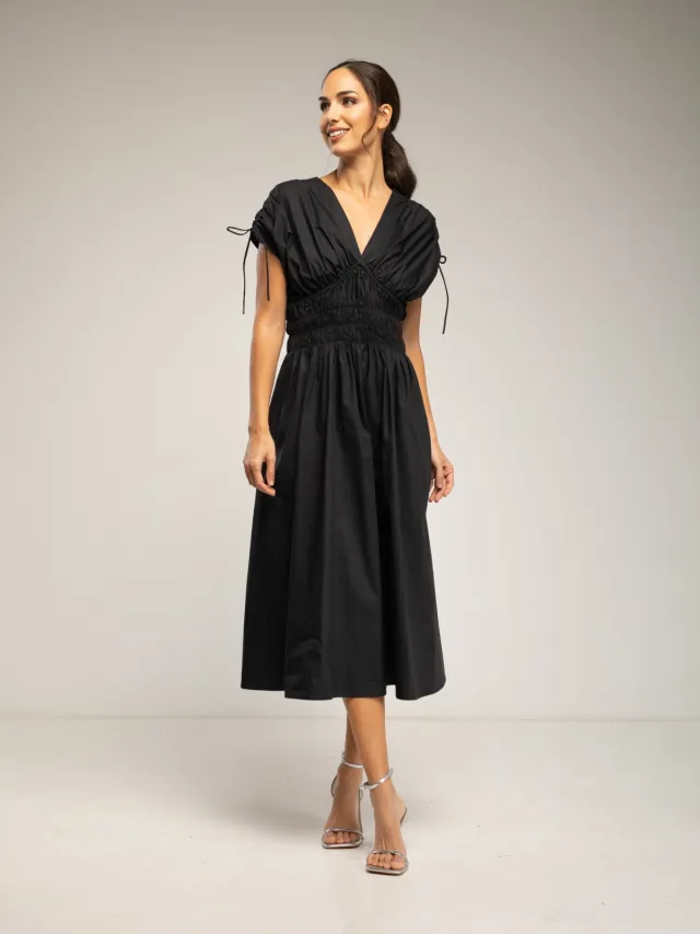 Tantra Midi-jurk met elastische taille en borst, rimpelmouwen en zakken Zwart