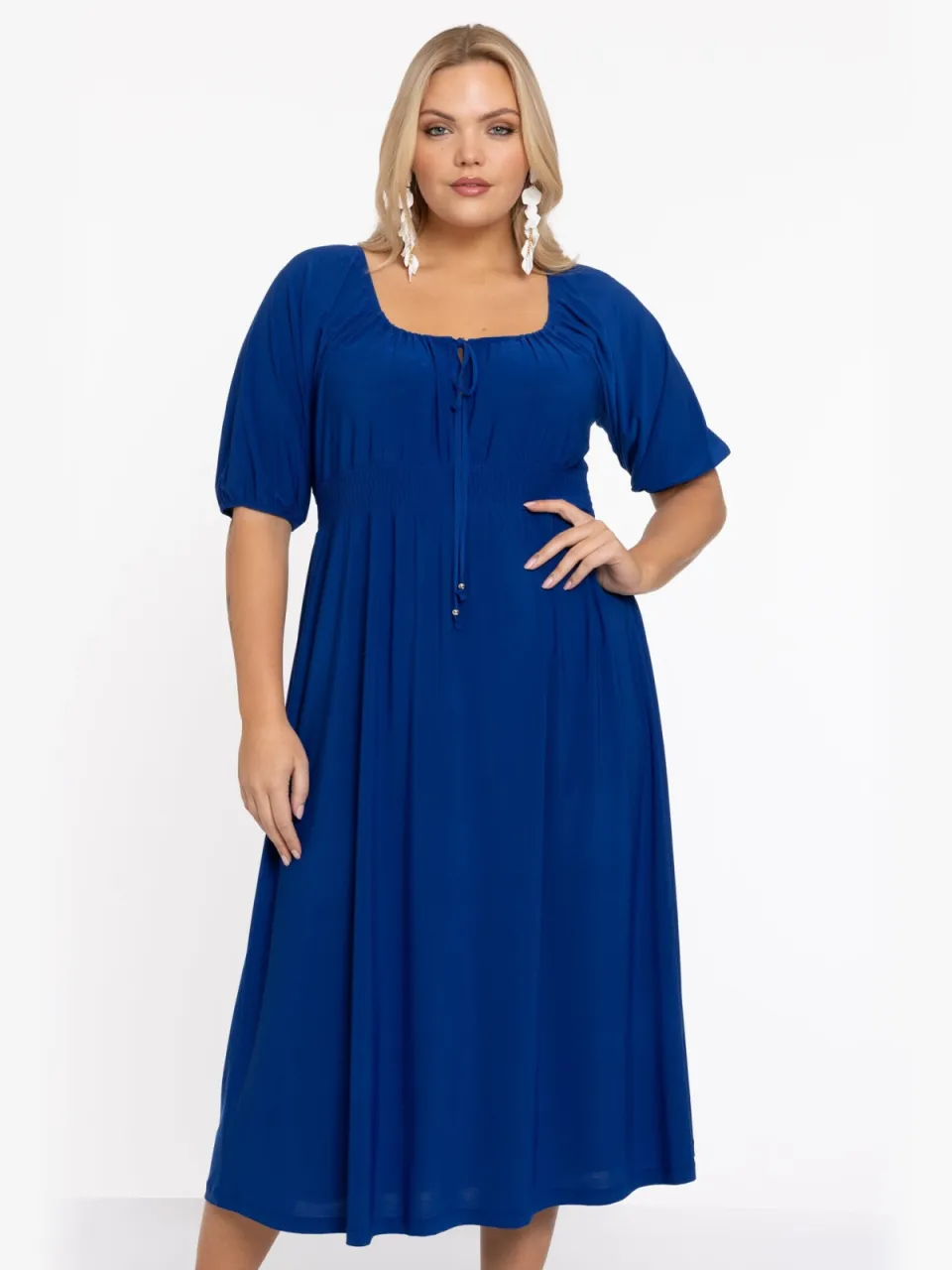 Yoek Jurk met gesmokte taille | Blauw, foto 2