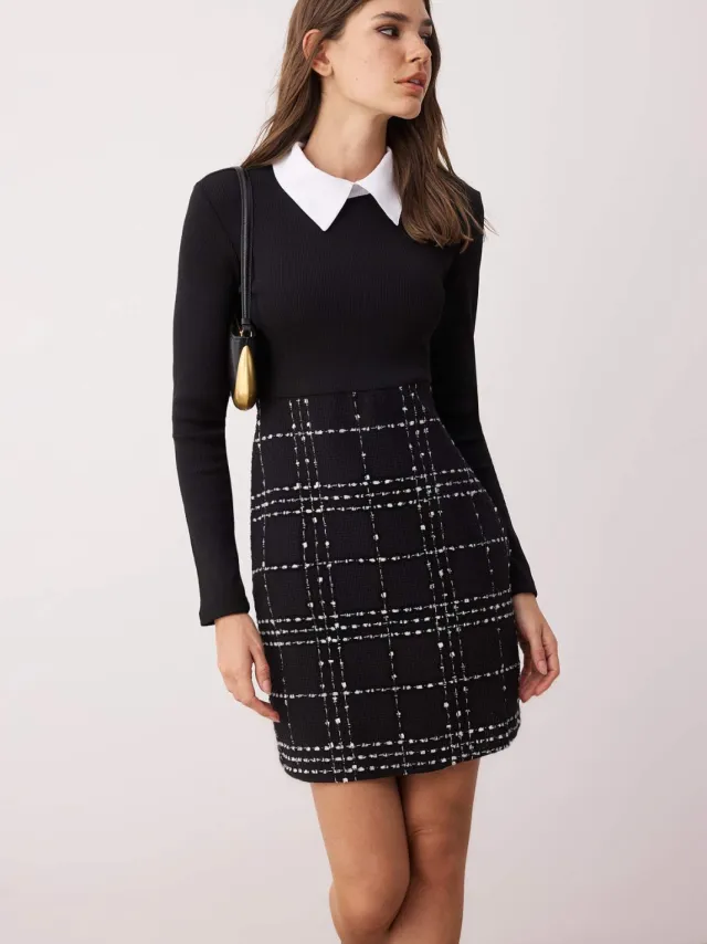 Trendyol TRENDYOLMİLLA Dames Zwart Geruit Kort / Mini Lang Casual Bodycon Jurken