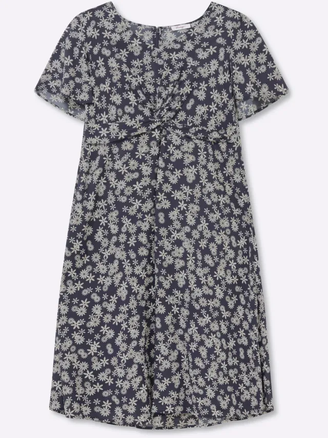 Bloemenjurk diepblauw/champagne bedrukt