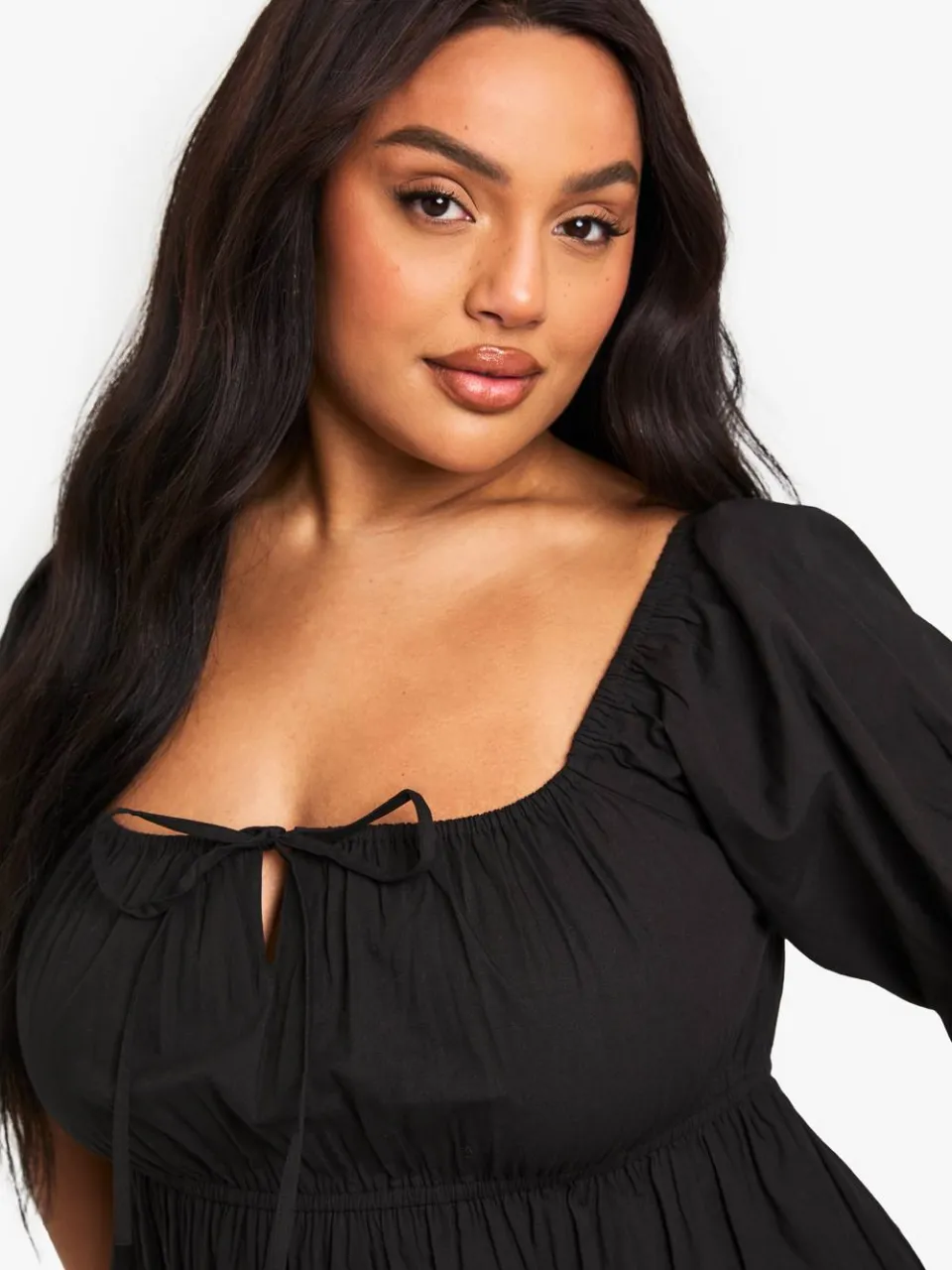 boohoo Dames Plus Tie Front Geplooide Katoenen Skaterjurk zwart, foto 4