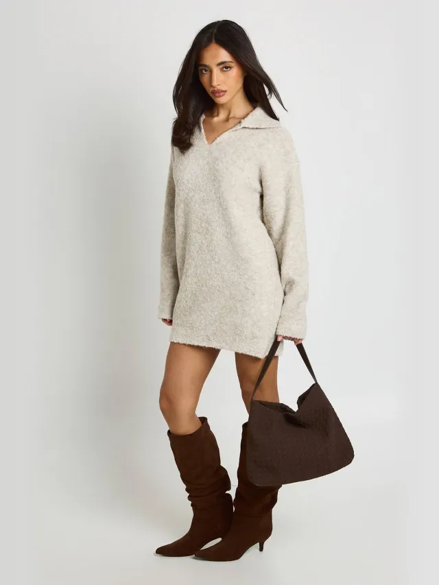 boohoo Dames Mini-trui-jurk Van Boucle-brei Met Kraag Steen
