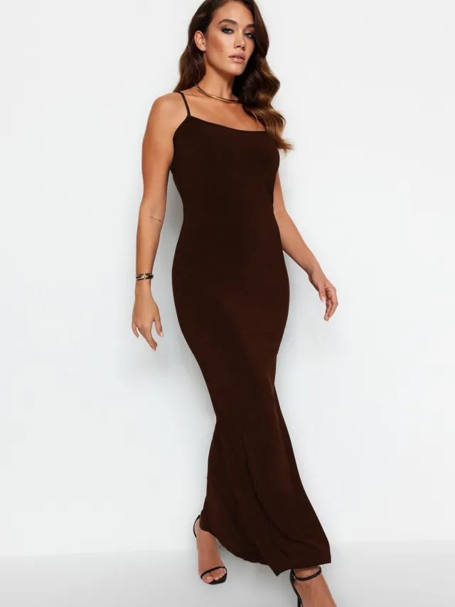 Trendyol TRENDYOLMİLLA Dames Bruin Effen Maxi Mouwloos Casual Zeemeermin Jurken