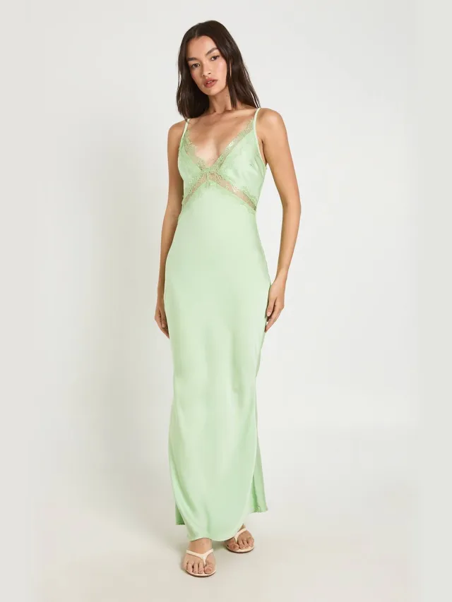 boohoo Dames Satijnen & Kanten Maxi Slip Jurk Munt