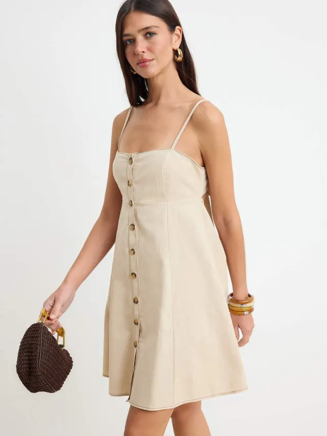 Trendyol TRENDYOLMİLLA Dames Beige Effen Kort / Mini Mouwloos A-lijn Jurken Gebroken wit