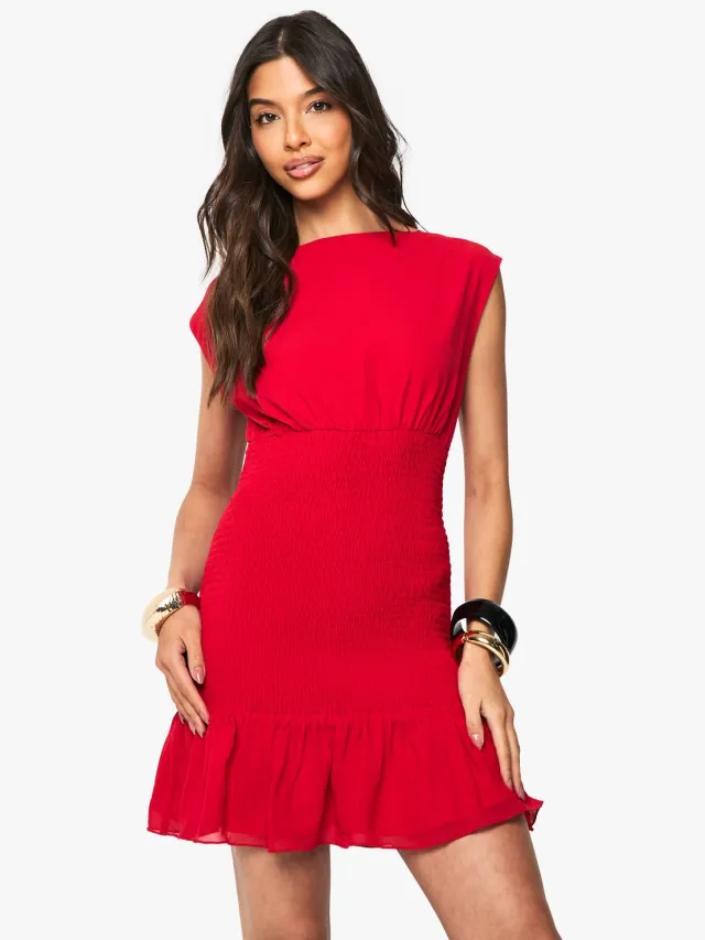 boohoo Dames Mini Jurk met Gerimpelde Taille en Ruches Zoom Rood