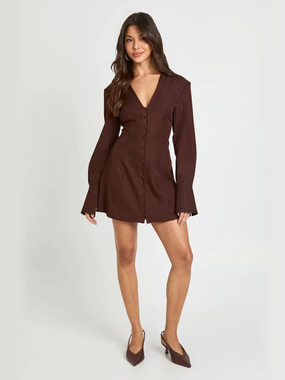 boohoo Dames Gestructureerde Blousejurk Met Knoopsluiting En Getailleerde Taille chocoladebruin, foto 2