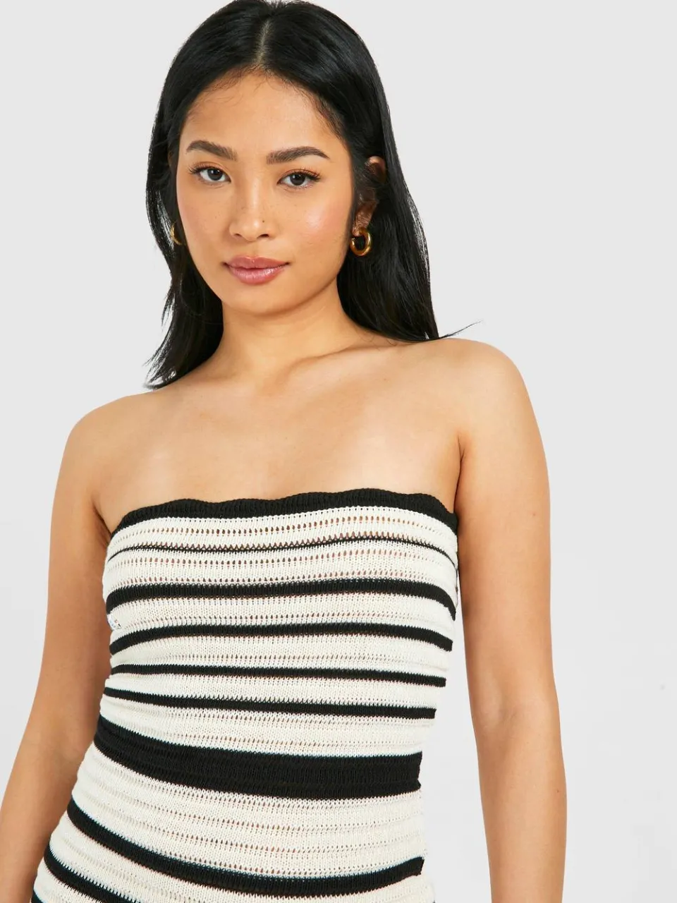 boohoo Dames Petite Haakgestreepte Bandeau Mini Jurk crème, foto 3