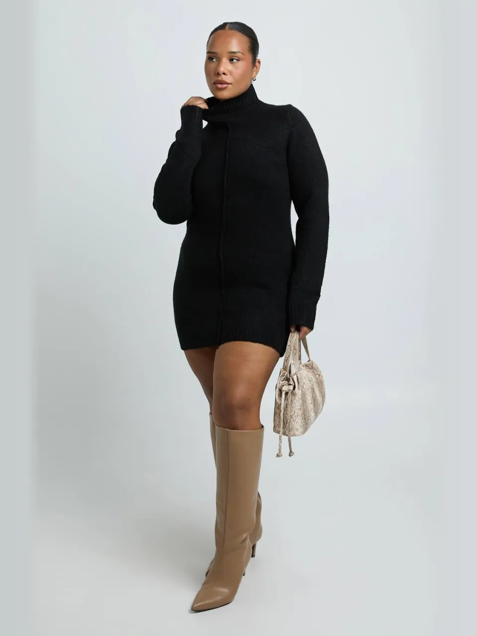 boohoo Dames Plus Hoogsluitende Gebreide Mini-trui Jurk Met Naaddetail zwart, foto 2