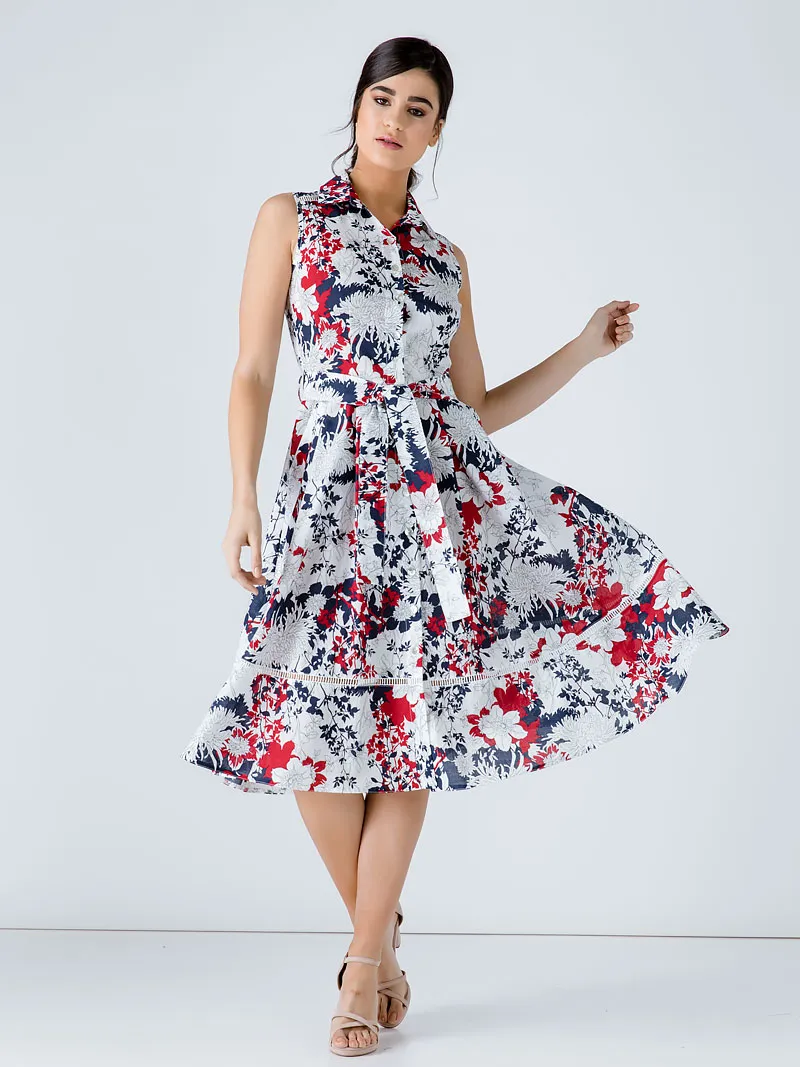 Conquista Marine Bloemenprint Jurk met Riem, foto 2