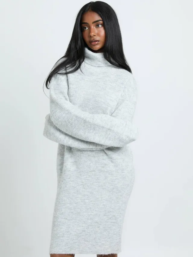 boohoo Dames Gebreide Mini-jurk Met Hoge Col En Getailleerde Zoom Lichtgrijs