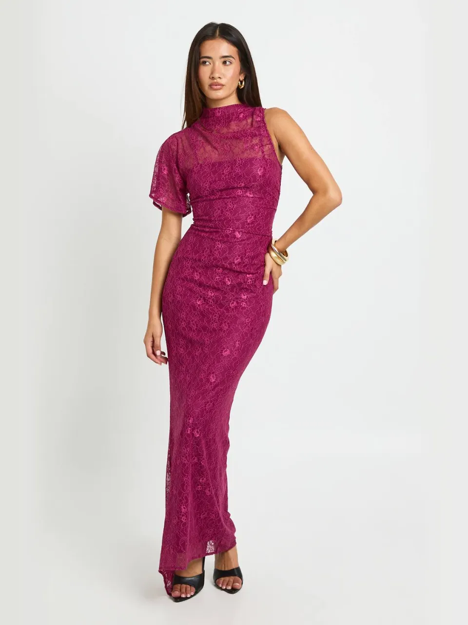 boohoo Dames Kanten One-shoulder Maxi-jurk Met Hoge Hals Bordeaux Rood