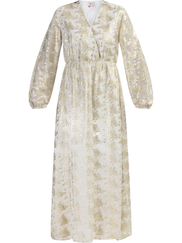 IZIA Maxi jurk met borduursel Gebroken wit met gouden bloemen