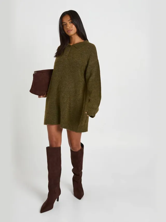 boohoo Dames Petite Gebreide Jurk Met Kraag En Knoopsluiting In Oversized Model Kaki