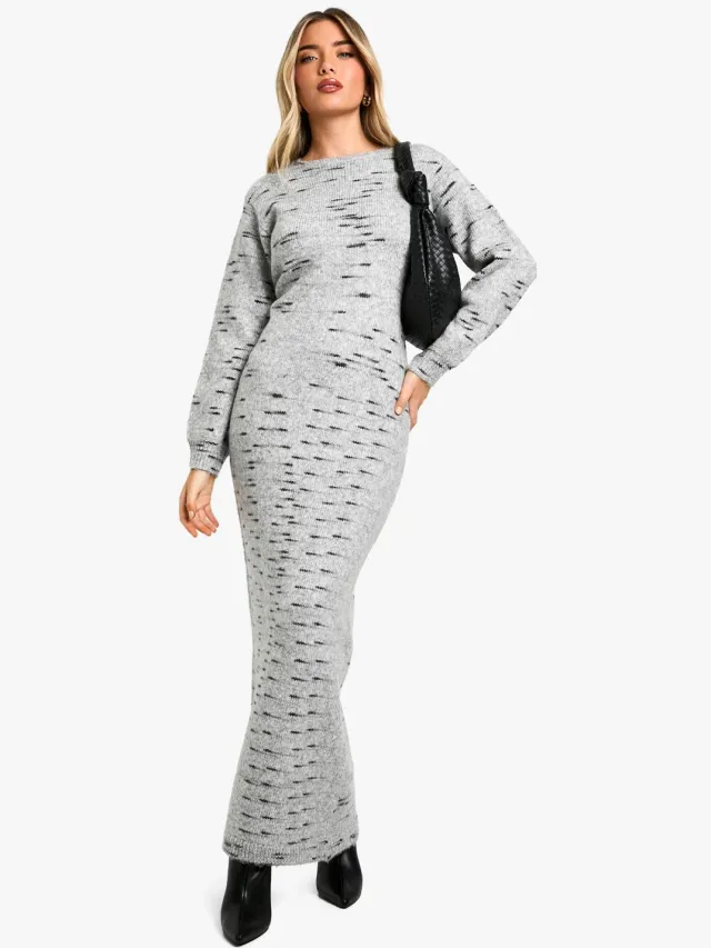 boohoo Dames Soft Knit Marl Gebreide Maxi Jurk Grijs
