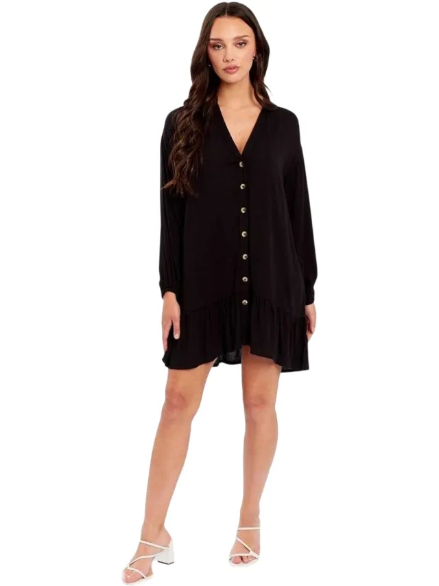 Influence Dames/Dames V Hals Mini Jurk met Lange Mouwen (Zwart)