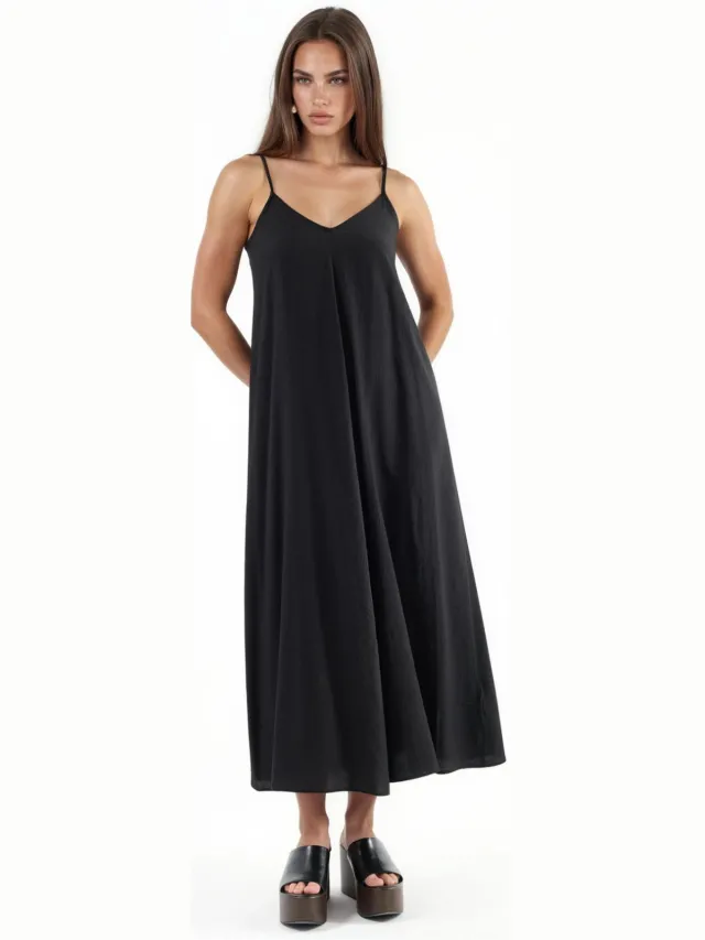 Busem V-hals Midi Slip Jurk Zwart