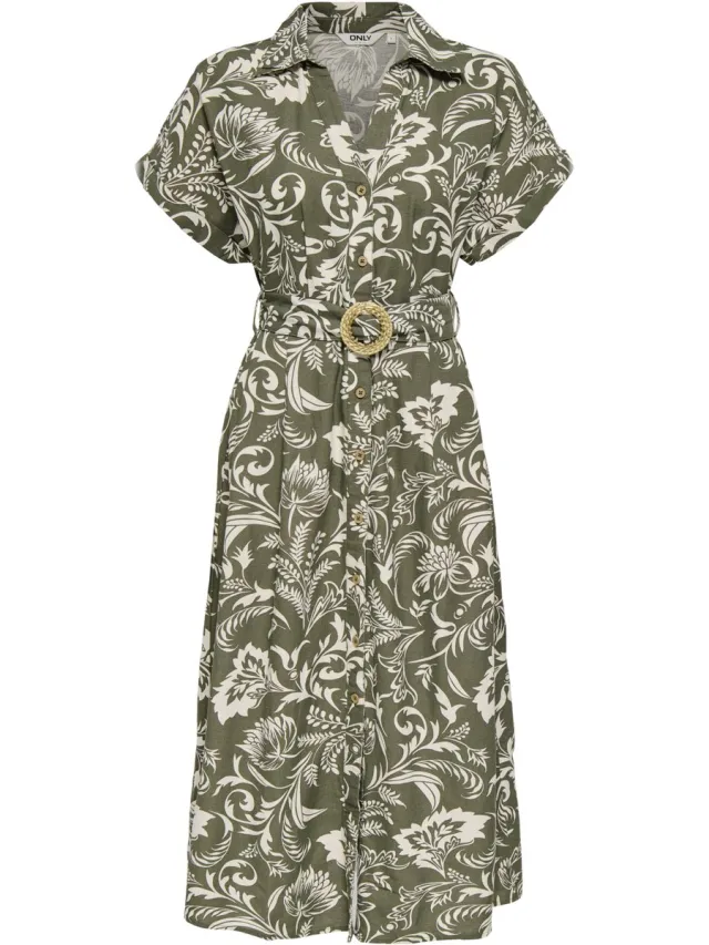 Only Jurk Onljakiri Linen Ss Midi Dress Noos 15357784 Kalamata/white Leafs Dames Maat Groen