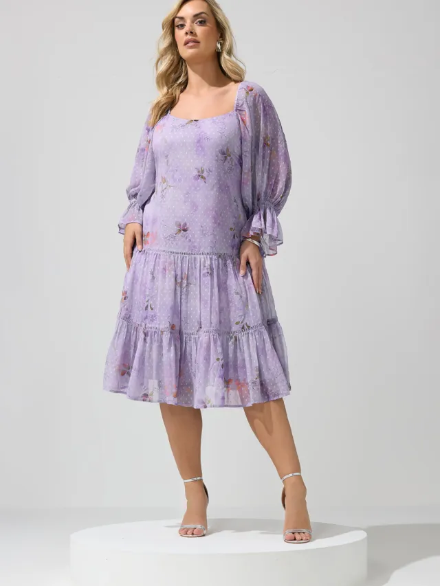 Yours London Paarse Bloemenjurk Met Blote Schouders Purple