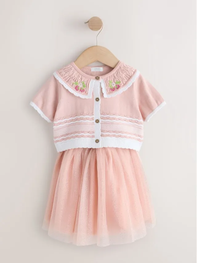 Next Meisjes - Set van gebreide top en mesh rok - Roze Pink
