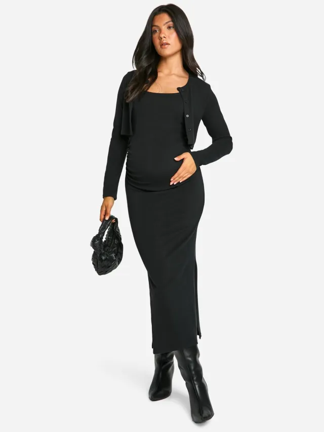boohoo Dames Zwangerschapsjurk met getextureerde rib, gestripte zij-split midaxi jurk & crop cardigan Zwart