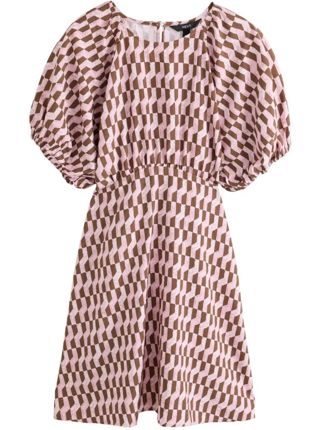 Next Dames - Mini-jurk met pofmouwen - Roze Pink Geo Print