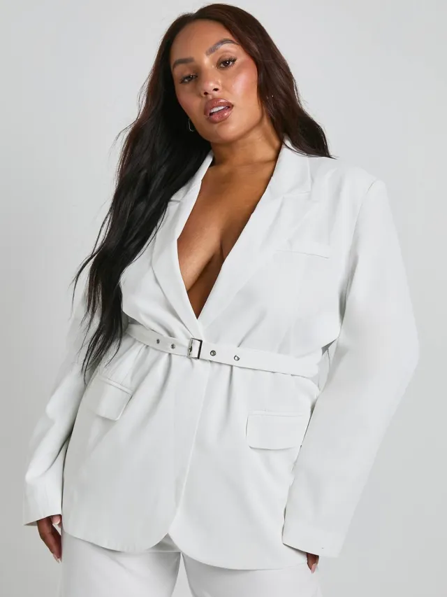 boohoo Dames Plus Getailleerde Strikceintuur Wrap Blazer ivoor, foto 2