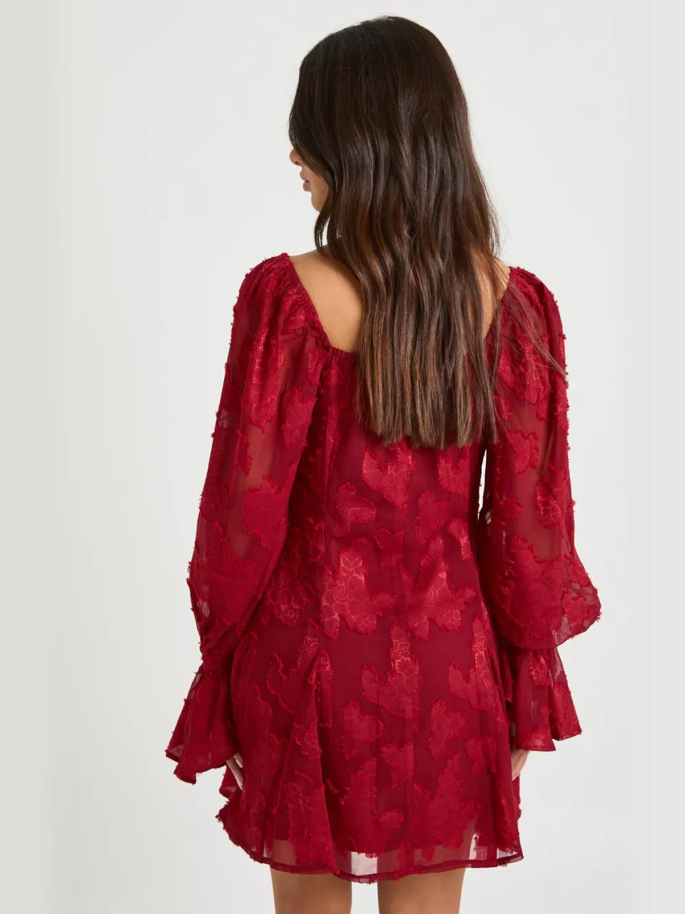 boohoo Dames Petite Burnout Bloemenprint Mini-Jurk met Godetzoom bordeaux rood, foto 2