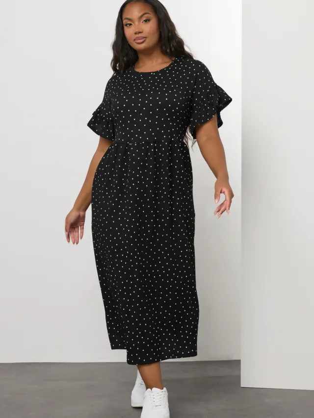 Yours Zwarte Polka Dot Volant Mouw Midaxi Jurk-68 Black