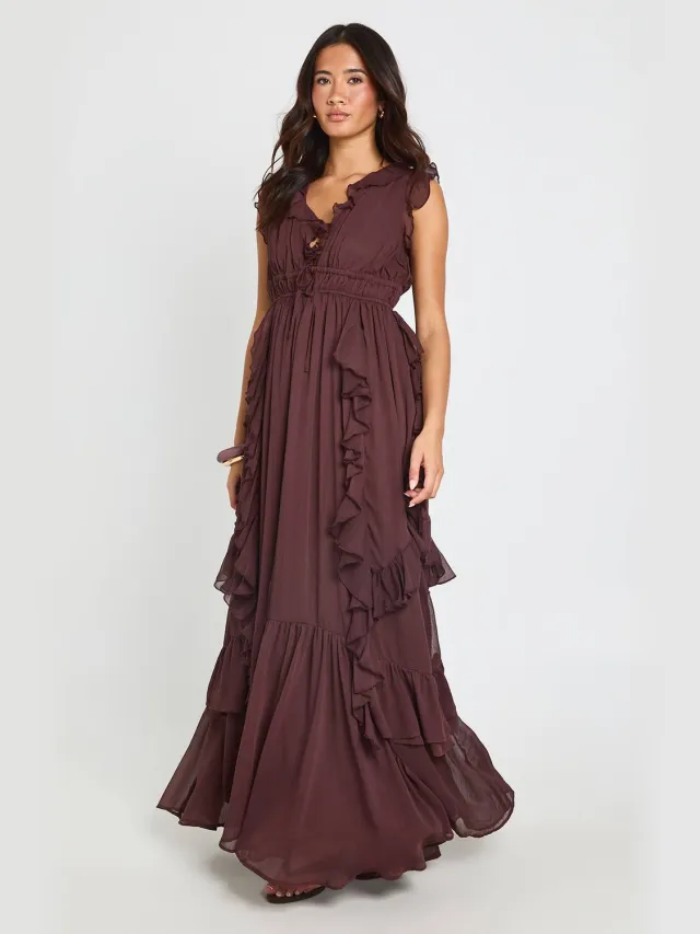 boohoo Dames Chiffon Maxi Jurk Met Ruche Details En Luchtige Pasvorm Chocoladebruin