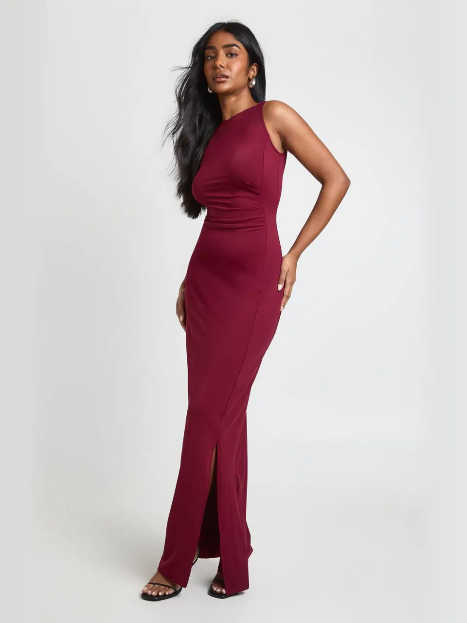 boohoo Dames Slinky Gerimpelde Zijkant Maxi Jurk wijn, foto 3