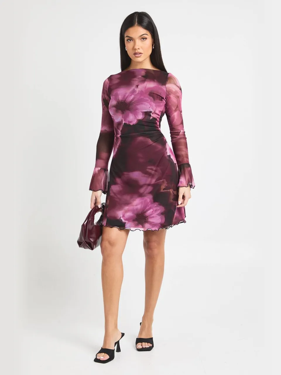 boohoo Dames Lange Bloemen A-Lijn Mesh Mini Jurk bordeaux rood, foto 2