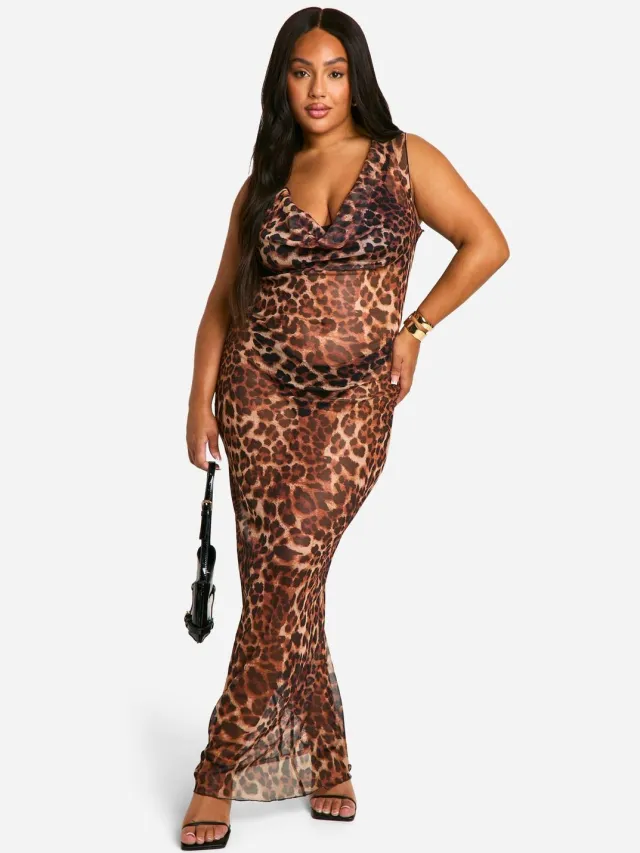 boohoo Dames Plus Luipaard Mesh Cowl Neck Maxi Jurk Luipaardprint
