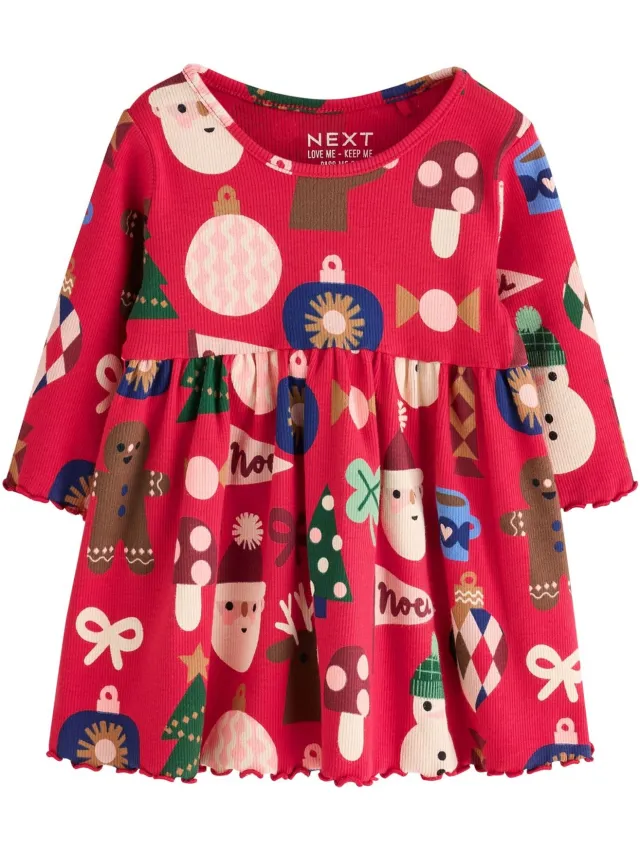 Next Meisjes - Geribbelde jurk met lange mouwen en kerstprint - Rood Red Christmas