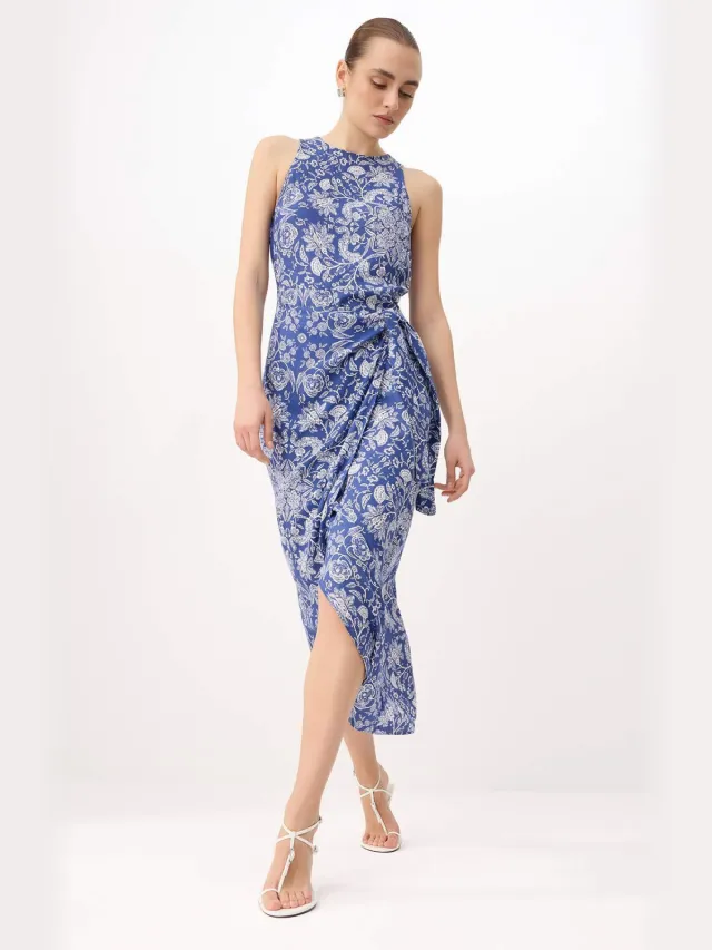 Trendyol TRENDYOLMİLLA Dames Blauw Paisley Midi Mouwloos Casual Double-breasted Jurken