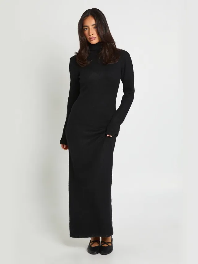 boohoo Dames Coltrui Super Zachte Gebreide Maxi Jurk Zwart