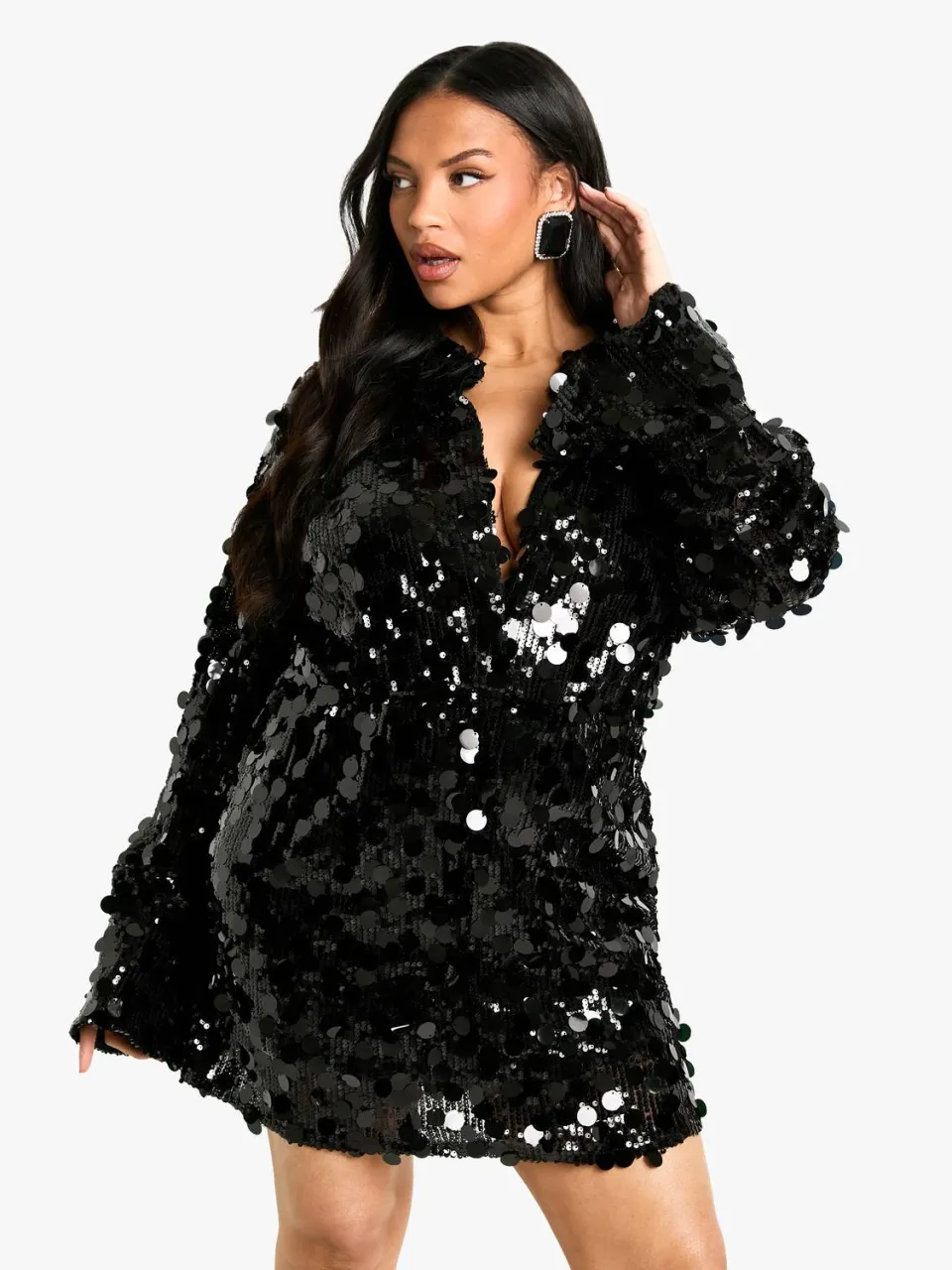 boohoo Dames Plus Pailletten Diepe Hals met Kraagdetail Mini Jurk zwart, foto 3