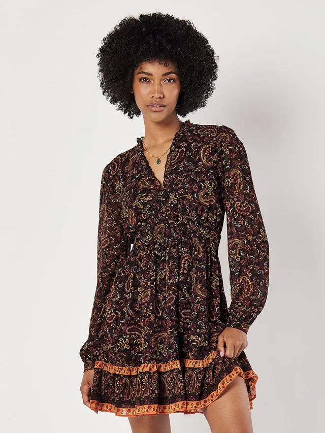 Apricot Mini-jurk met ruches en paisleyprint zwart