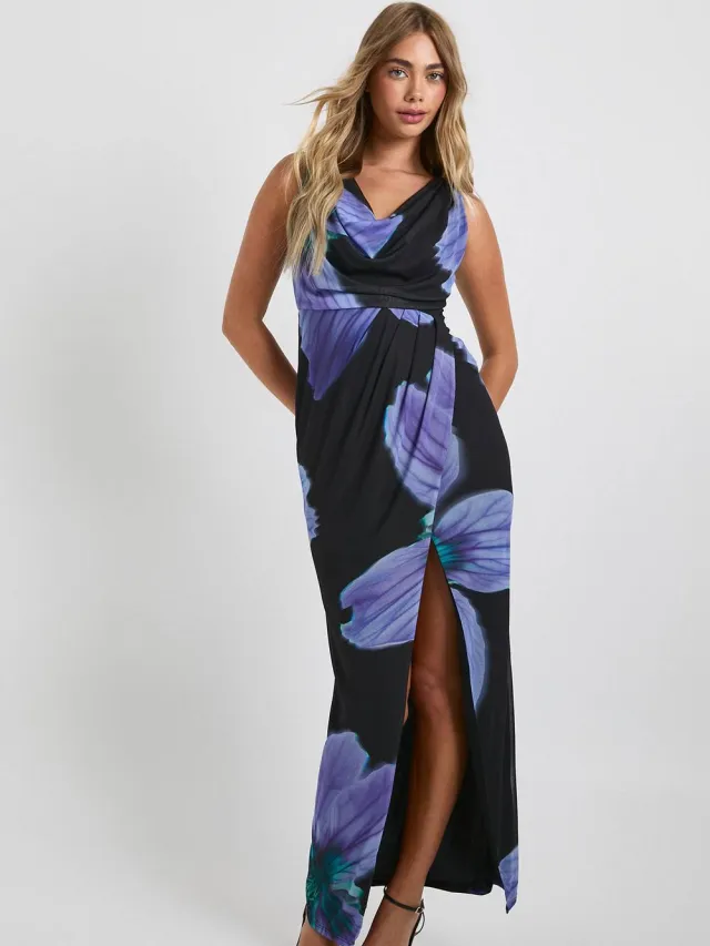 boohoo Dames Mesh Bloemen Wikkel Cowl Maxi Jurk Zwart