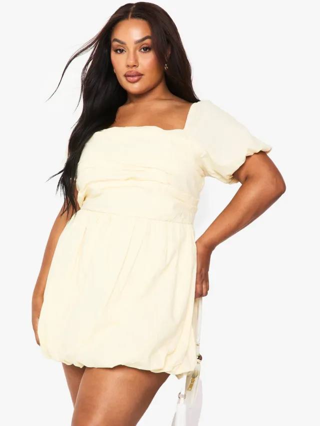 boohoo Dames Plus Katoenen Poplin Jurkje met Korte Mouwen en Puffbal Zoom Lemon
